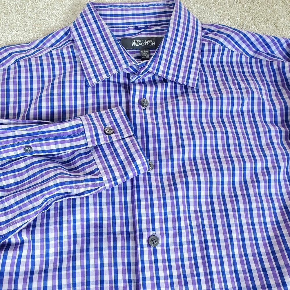 Kenneth Cole Reaction Men's Button‎ Up Shirt Large SLIM Purple Blue Check LngSLV
